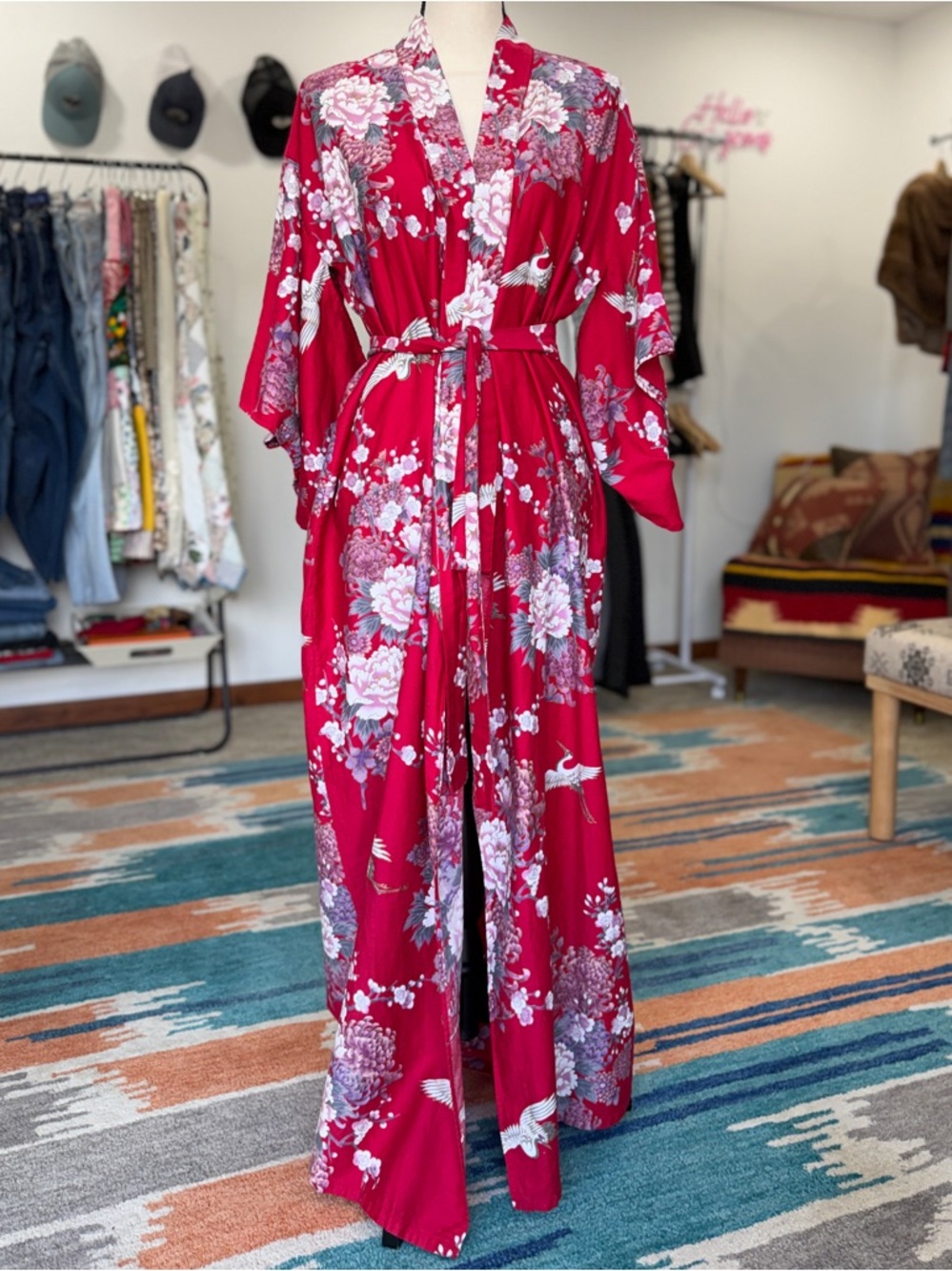 Vintage Pink Floral Cotton Kimono Robe Made in Japan